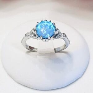 Sterling Silver Light Blue Lab Opal with CZ Ring, Wedding Ring, Silver Rings